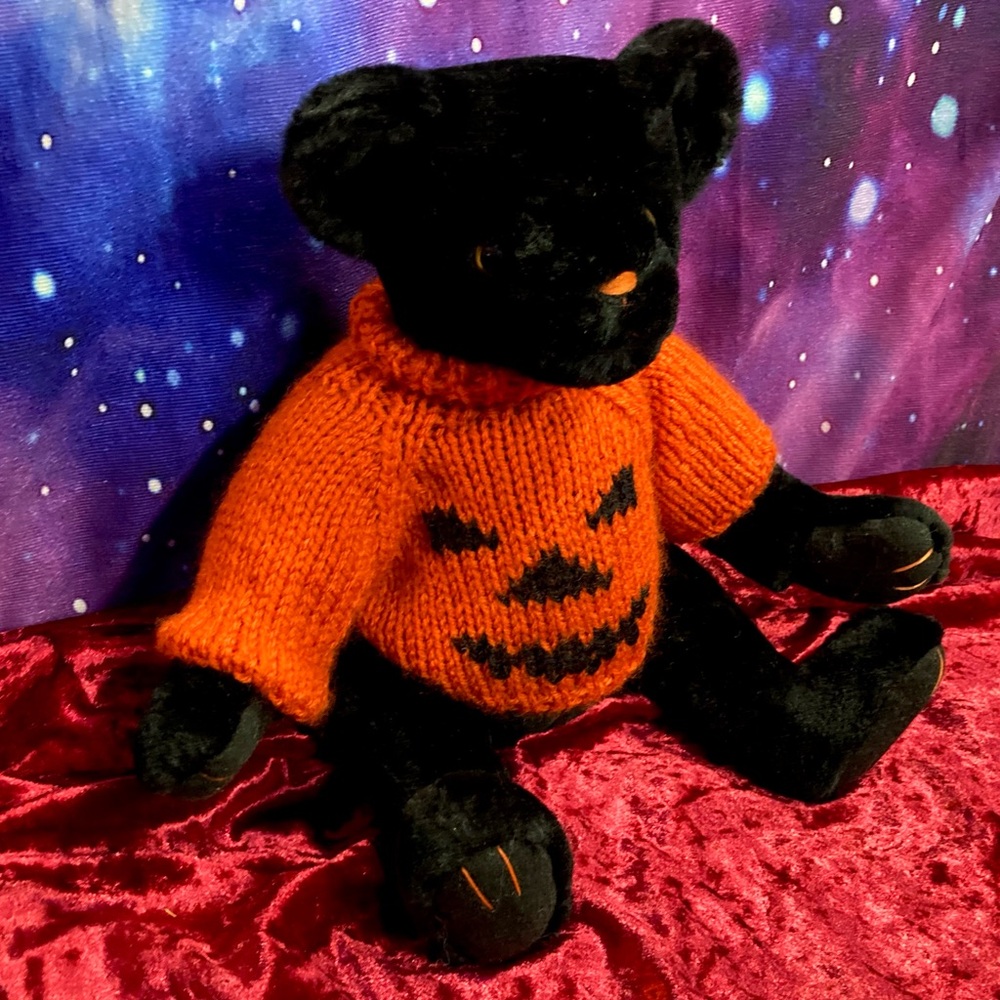 Vintage 1997 Ganz Black Plush Teddy Bear 🎃Pumpkin Sweater Halloween Collectible